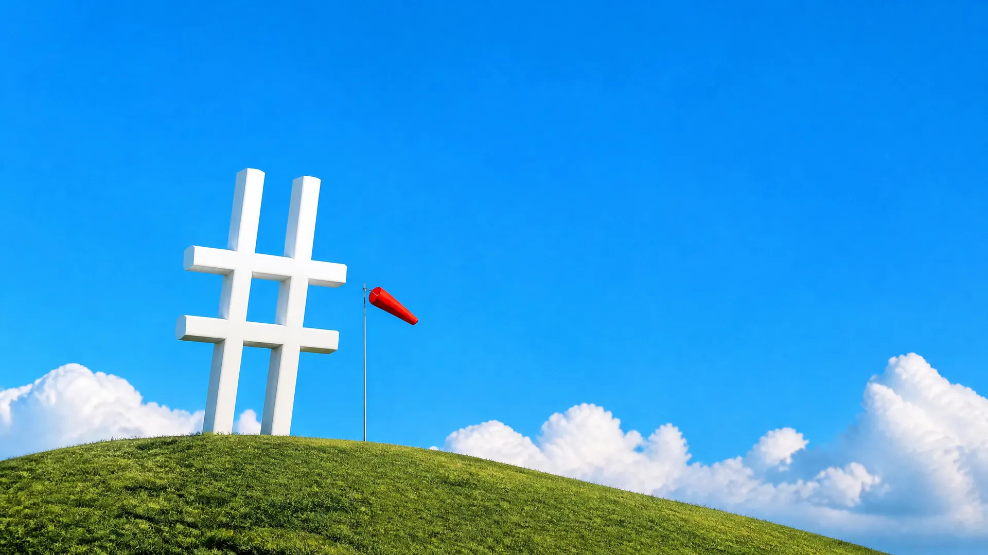 A giant white hashtag sculpture on a grassy hill beside an orange wind sock filling with wind.