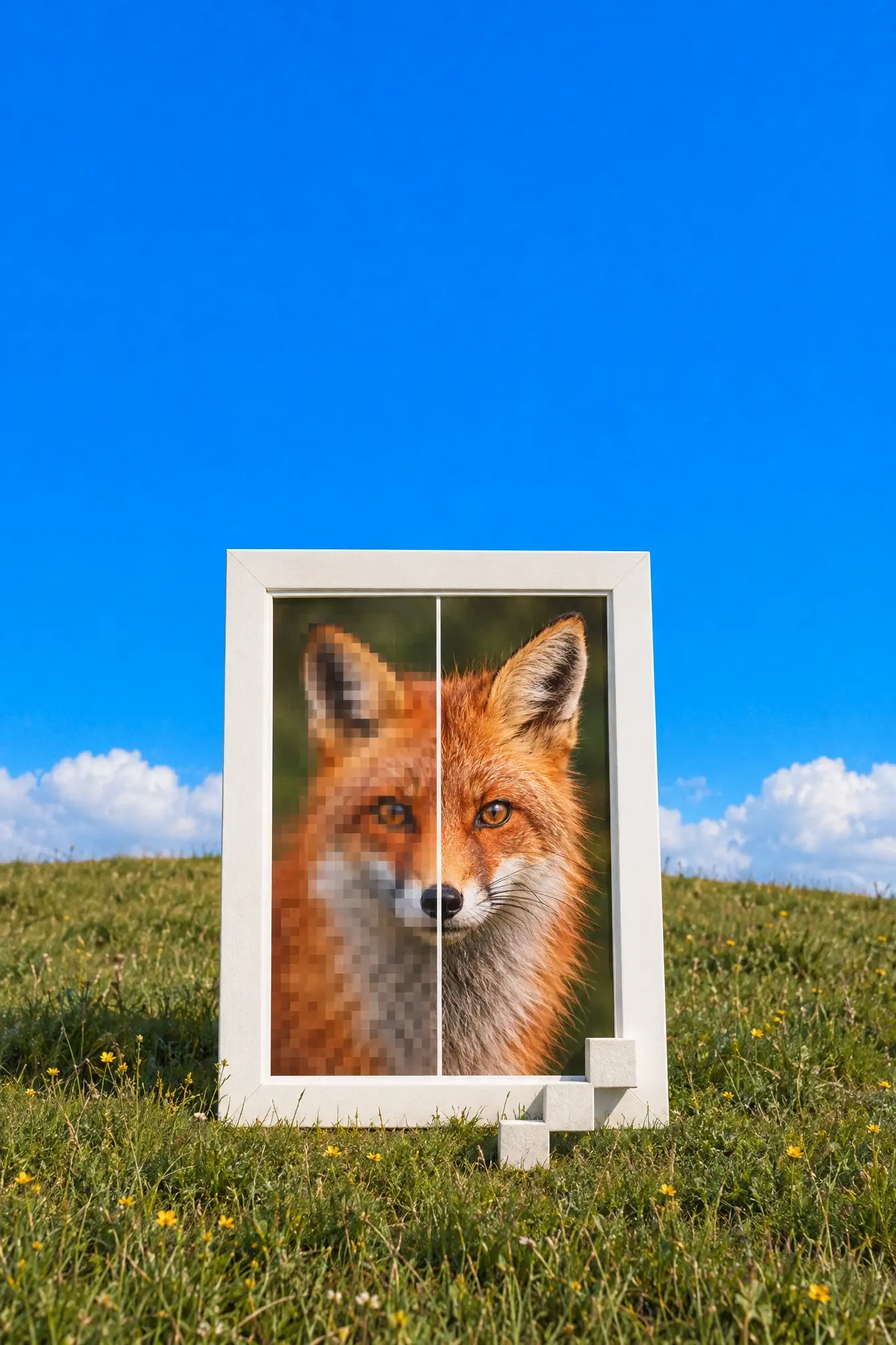 A white frame on a grassy hill holding a fox portrait, pixelated on the left and sharp on the right