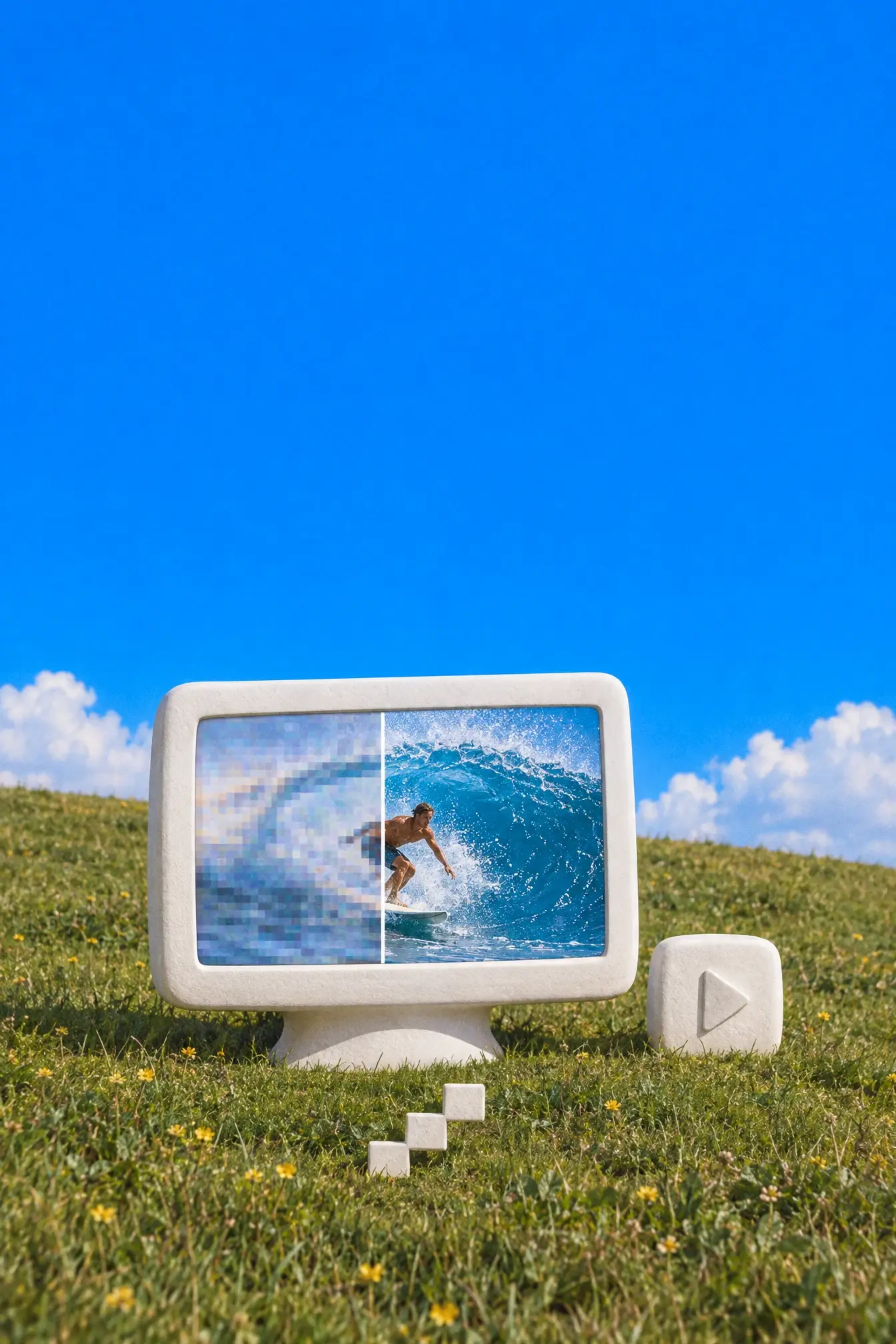 A white monitor on a grassy hill showing a surfer, the wave pixelated on the left and sharp on the right