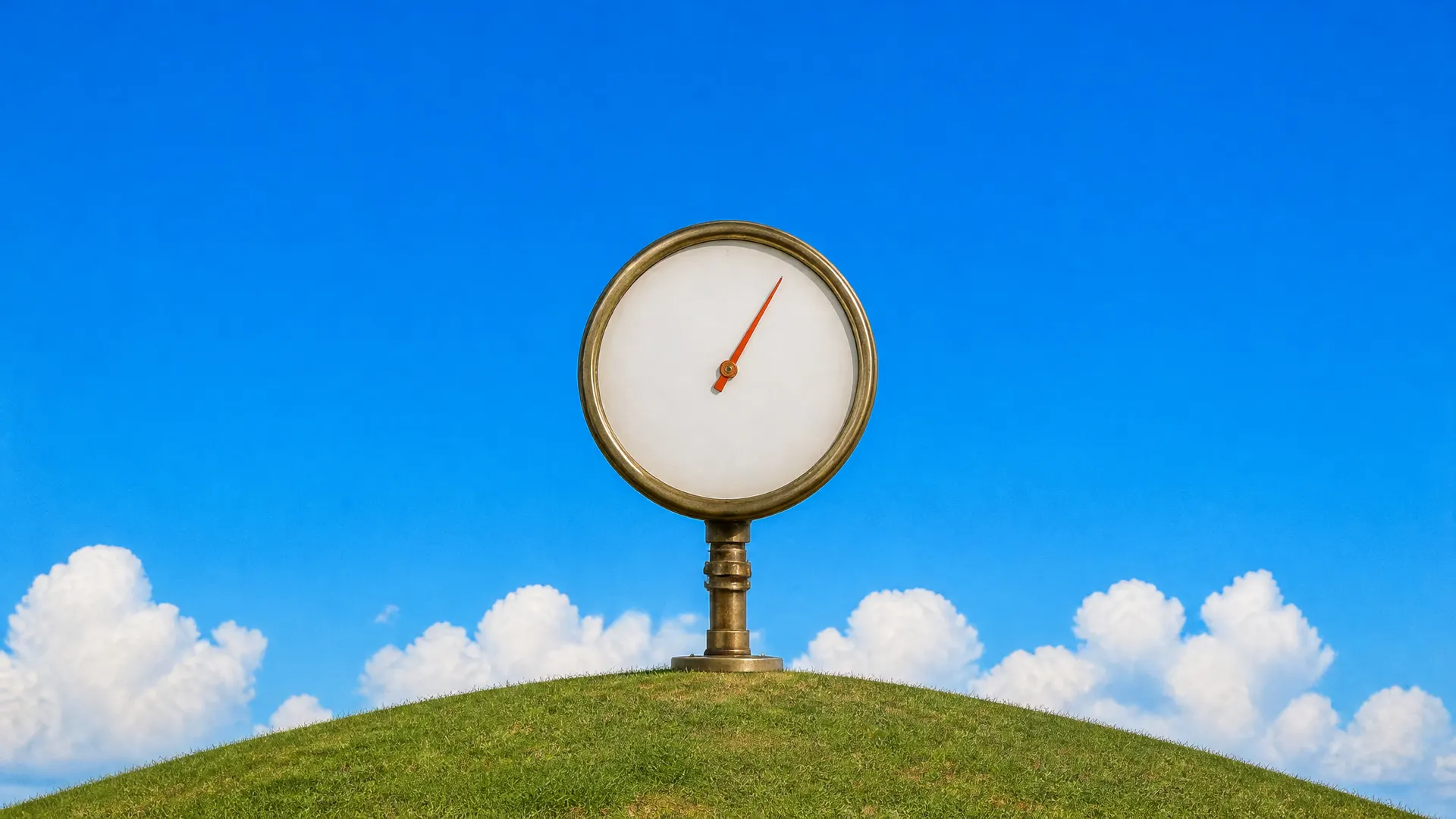 A giant brass gauge with a blank dial and an orange needle standing on top of a grassy hill.