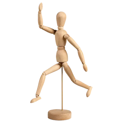 A wooden artist's mannequin in a mid-stride pose