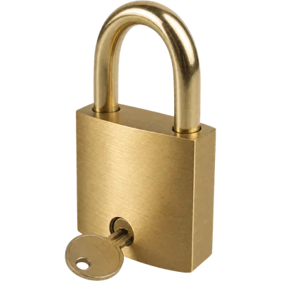 A brass padlock with its key