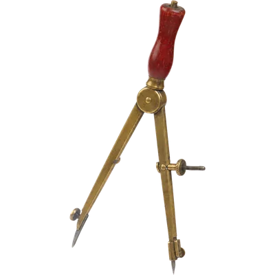 A brass drafting compass with a red handle