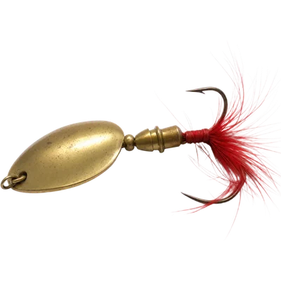 A brass fishing lure with a red feather
