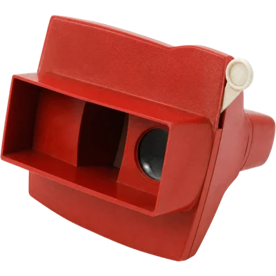 A red handheld slide viewer