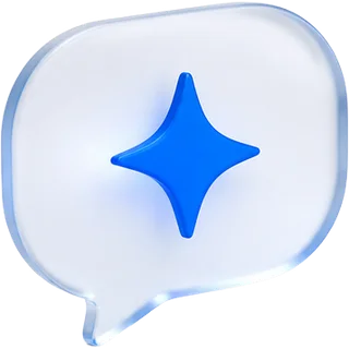 A frosted glass speech bubble with a blue sparkle