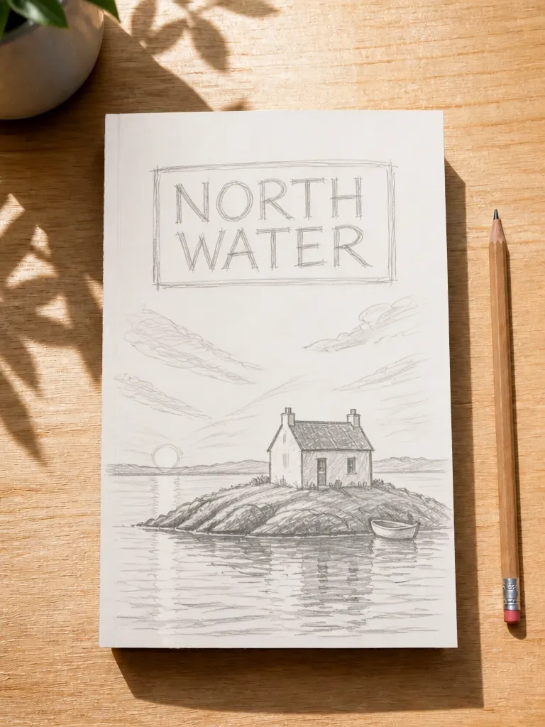 A rough pencil thumbnail of a book cover on a desk