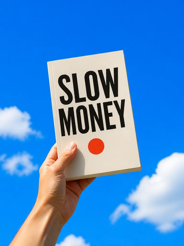 A non-fiction paperback titled Slow Money held against the sky
