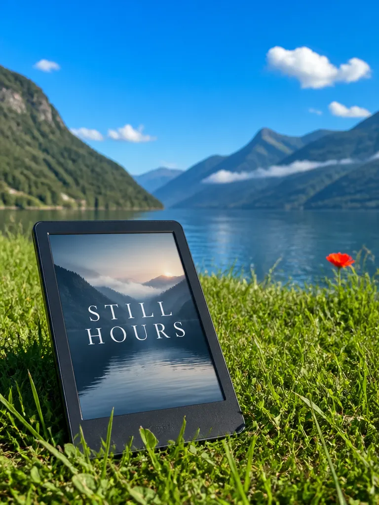 An e-reader on the grass showing the cover of Still Hours