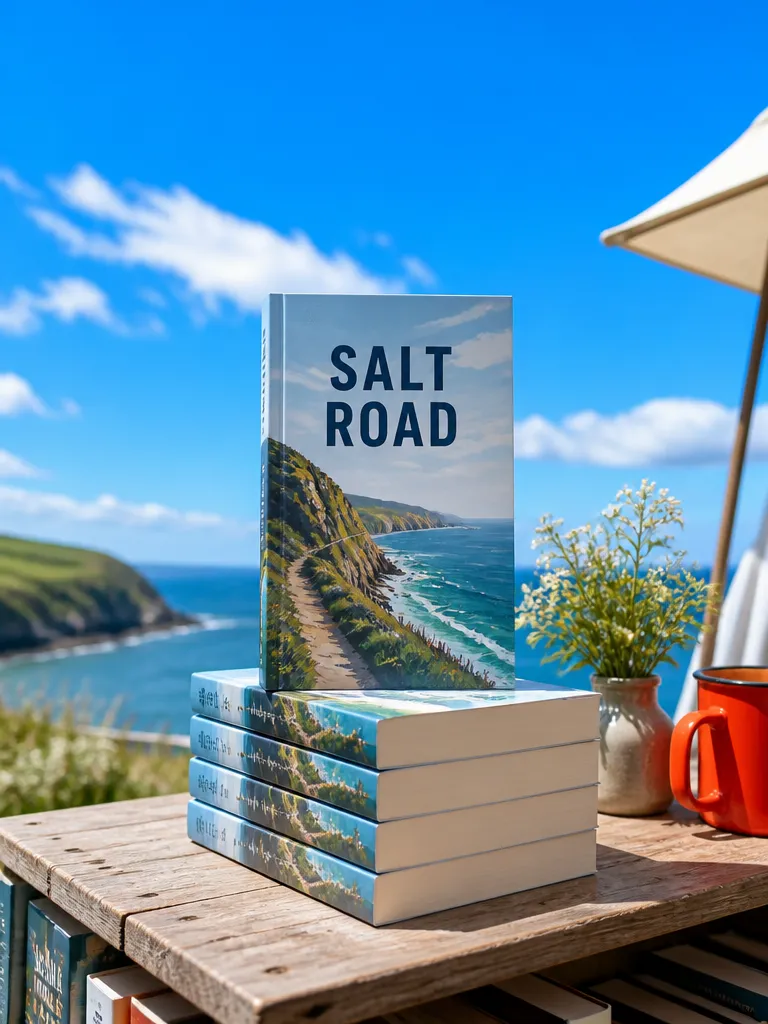 A stack of Salt Road paperbacks on a bookshop table