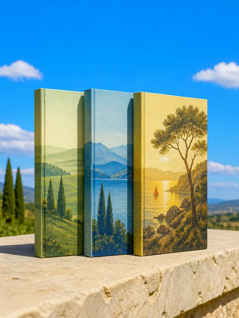 Three hardbacks of one series on a stone ledge