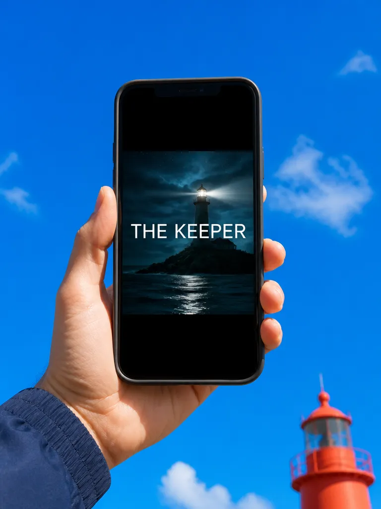 A phone showing the square audiobook cover of The Keeper