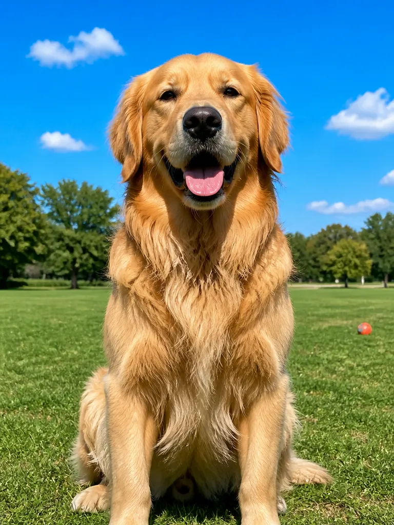 A photo of a golden retriever sitting on grass