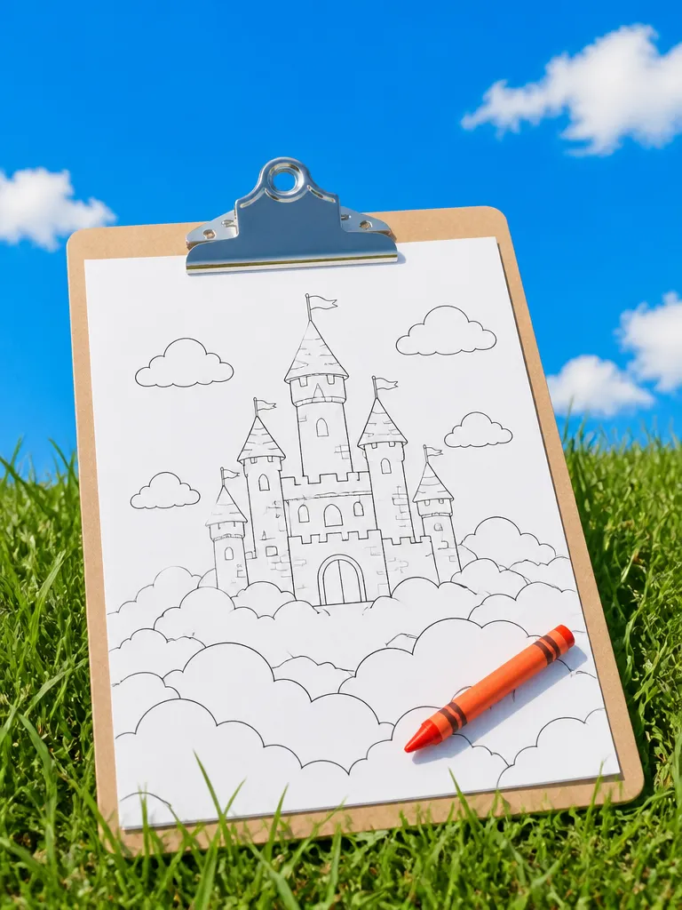 A castle in the clouds coloring page on a clipboard