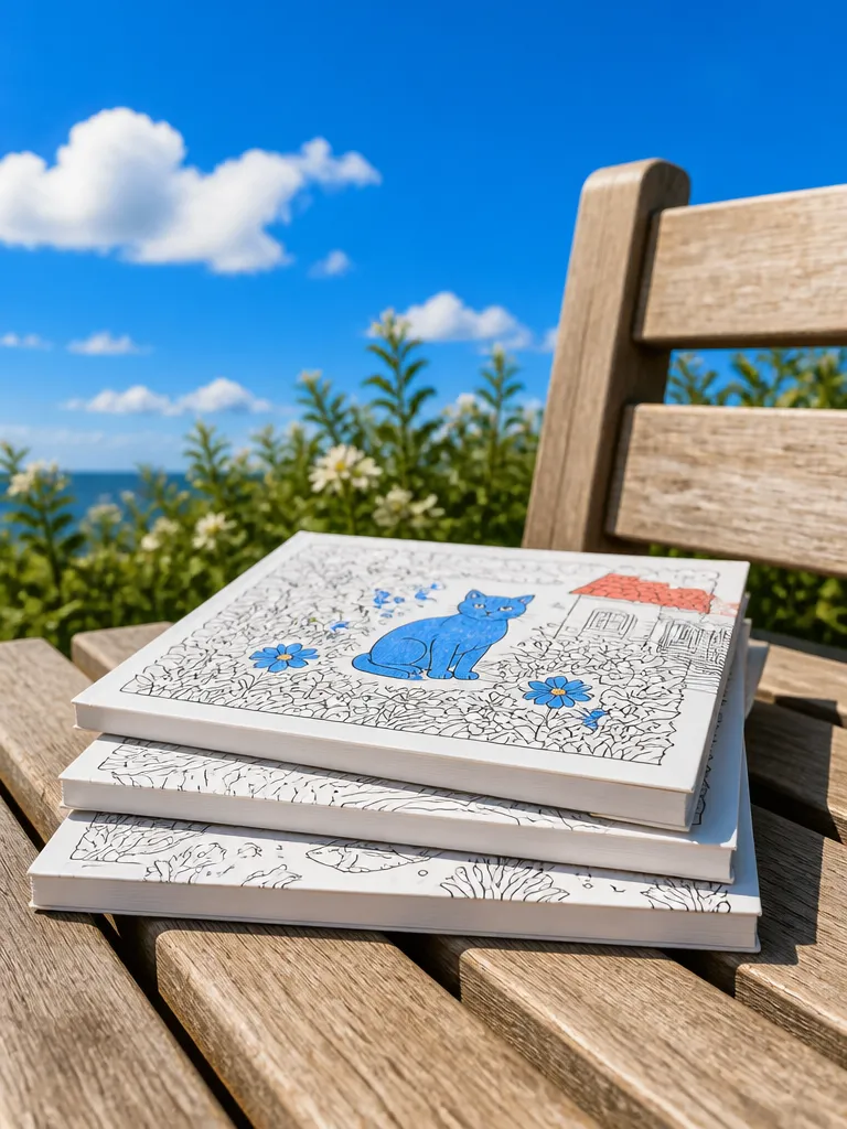 A stack of coloring books on a bench