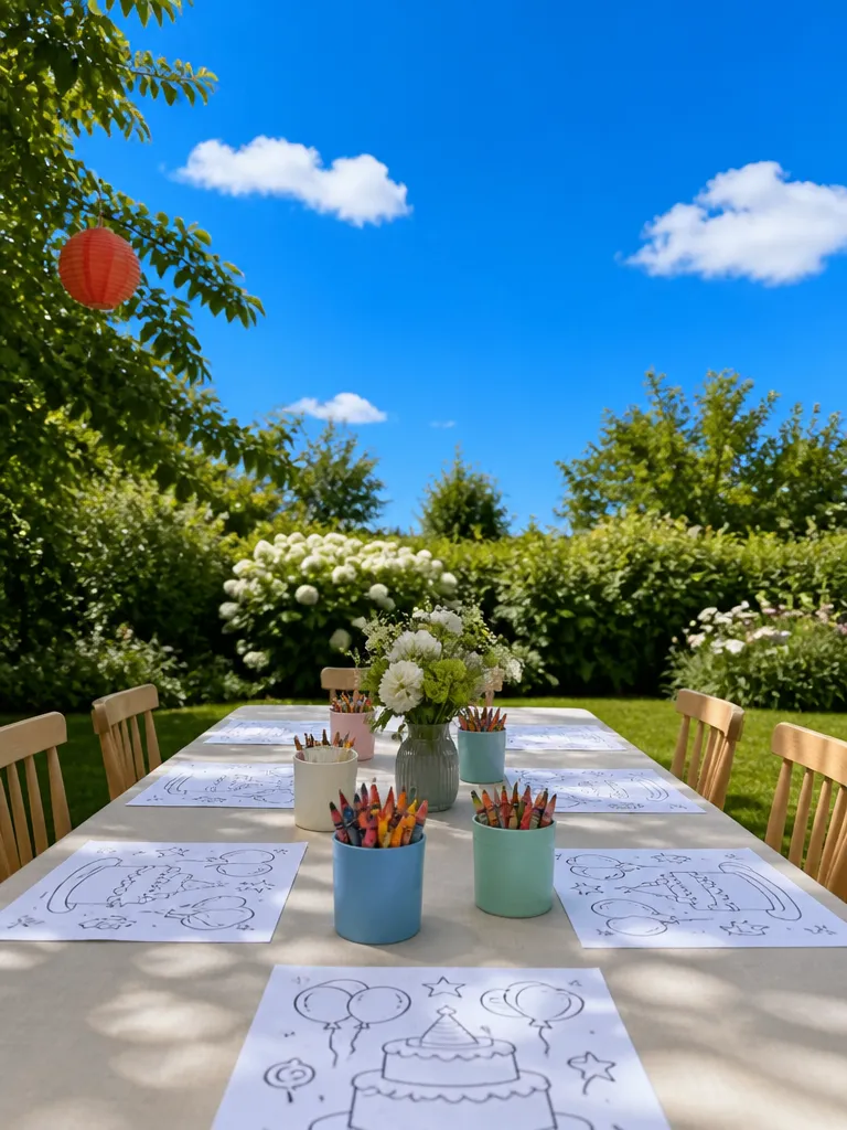 Coloring pages laid out on a party table