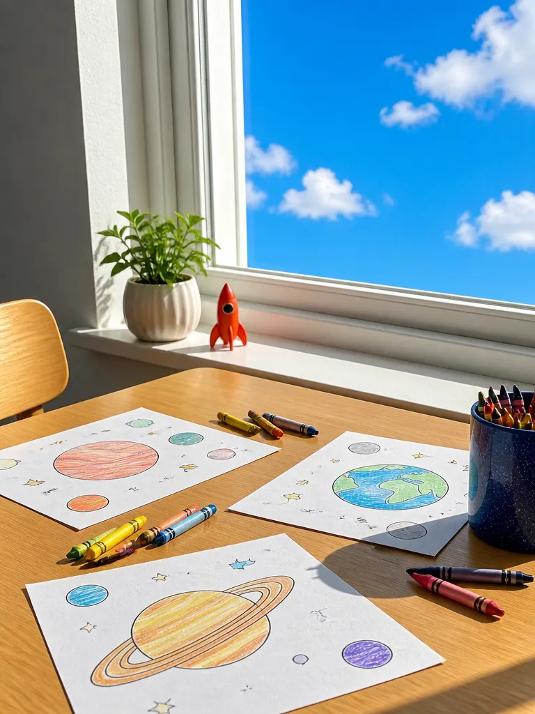 Planet coloring pages in progress on a classroom table