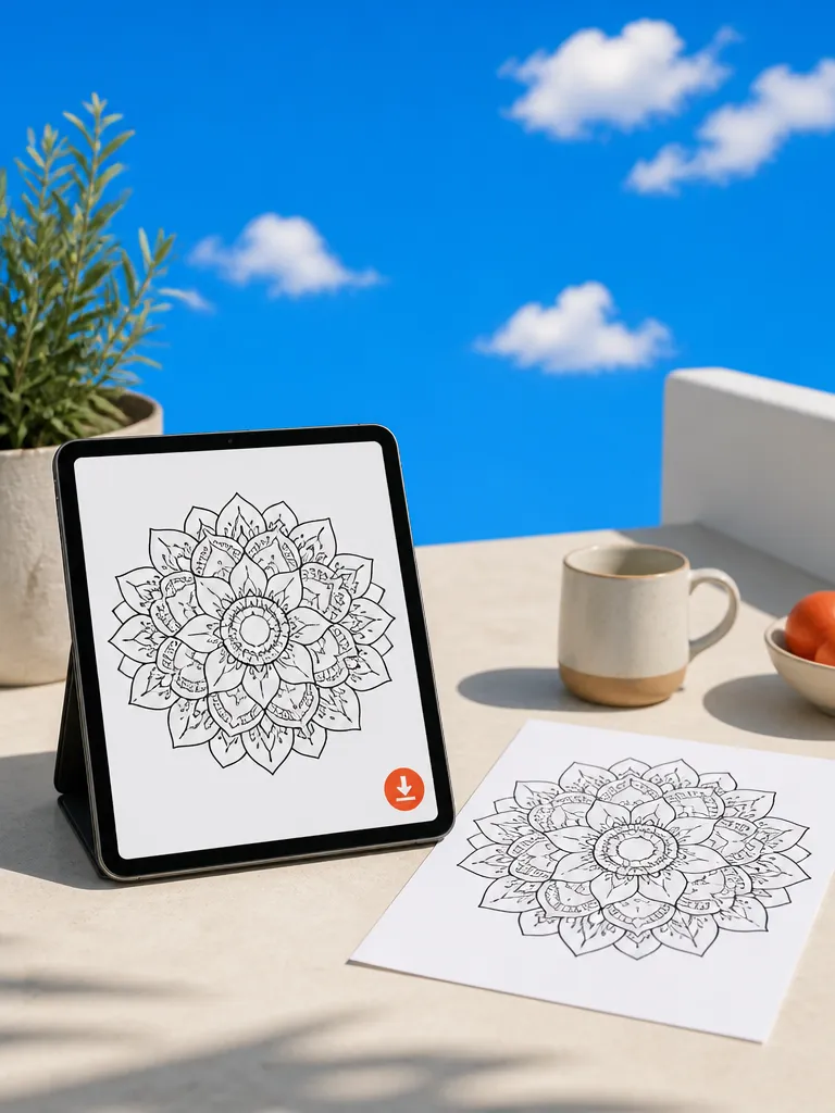 A printable mandala page on a tablet beside its printout