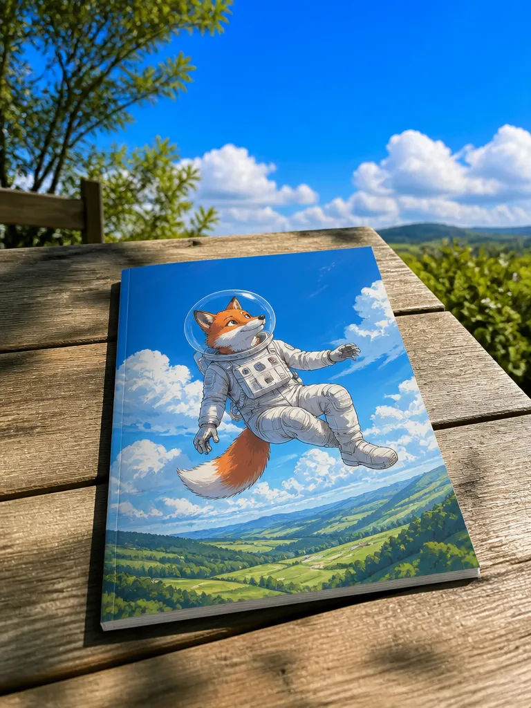 A comic book cover of a fox astronaut over green hills, lying on a sunlit table