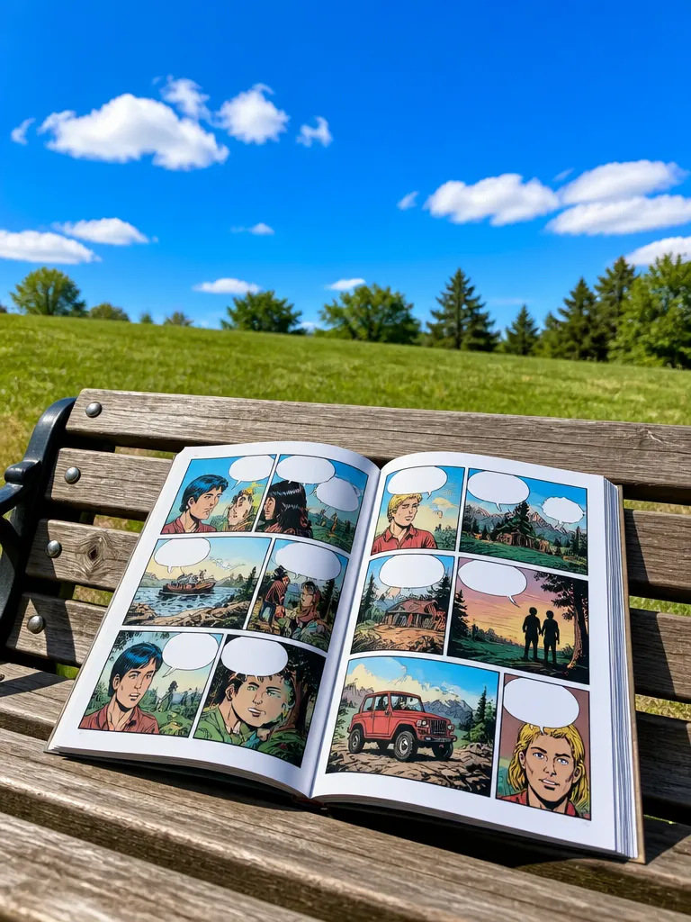 A printed comic book lying open on a wooden bench