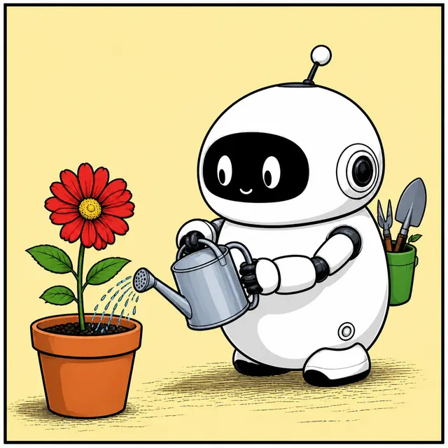 A small robot gardener as a newspaper strip