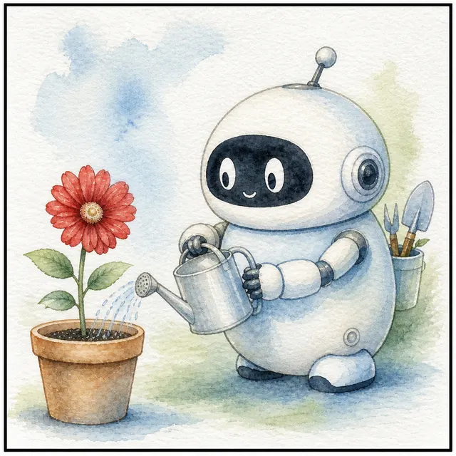 A small robot gardener in watercolour