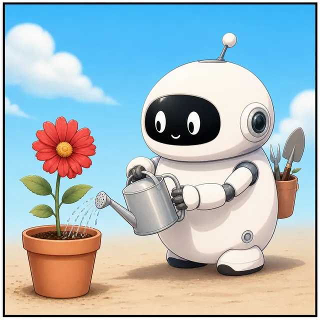 A small robot gardener in a clean webtoon style