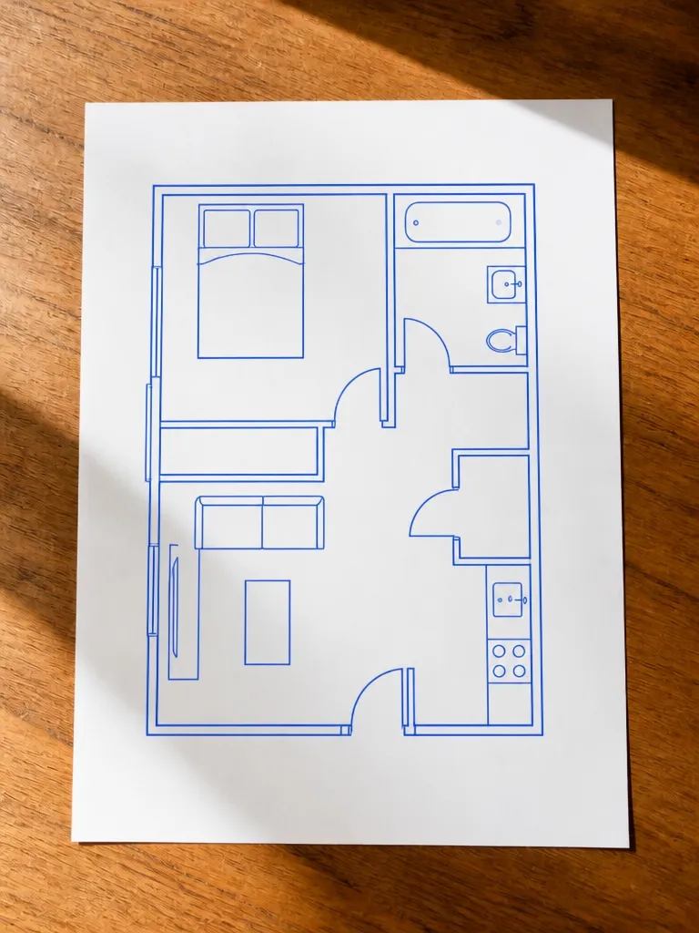 The same floor plan drawn clean in blue lines