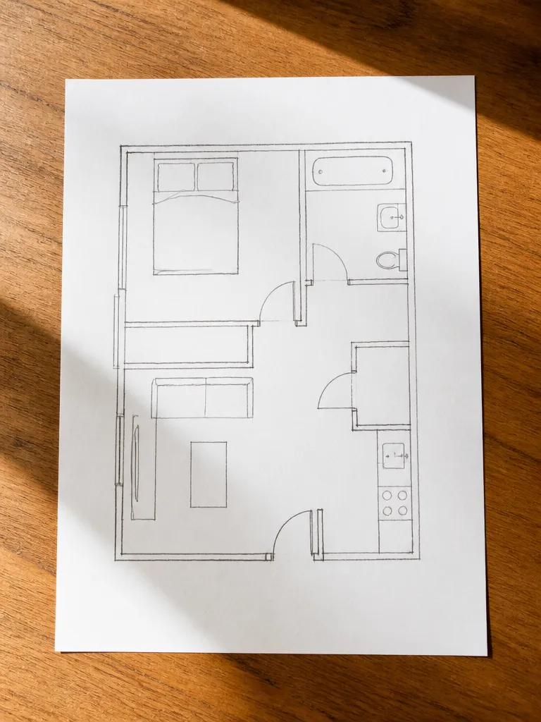 A hand-drawn pencil sketch of a flat's floor plan