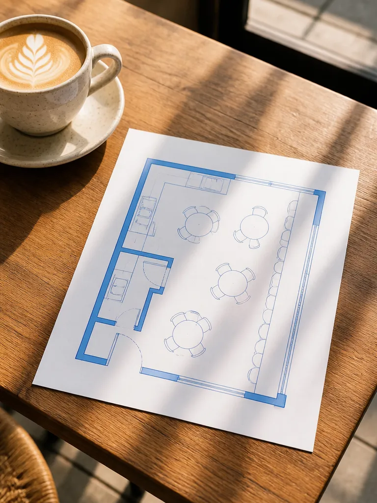 A printed floor plan of a small café with tables and a counter