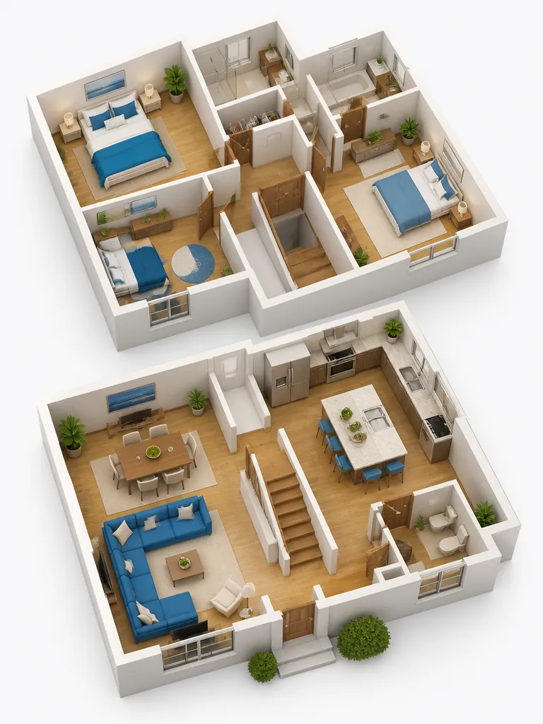 A furnished 3D floor plan of a family home