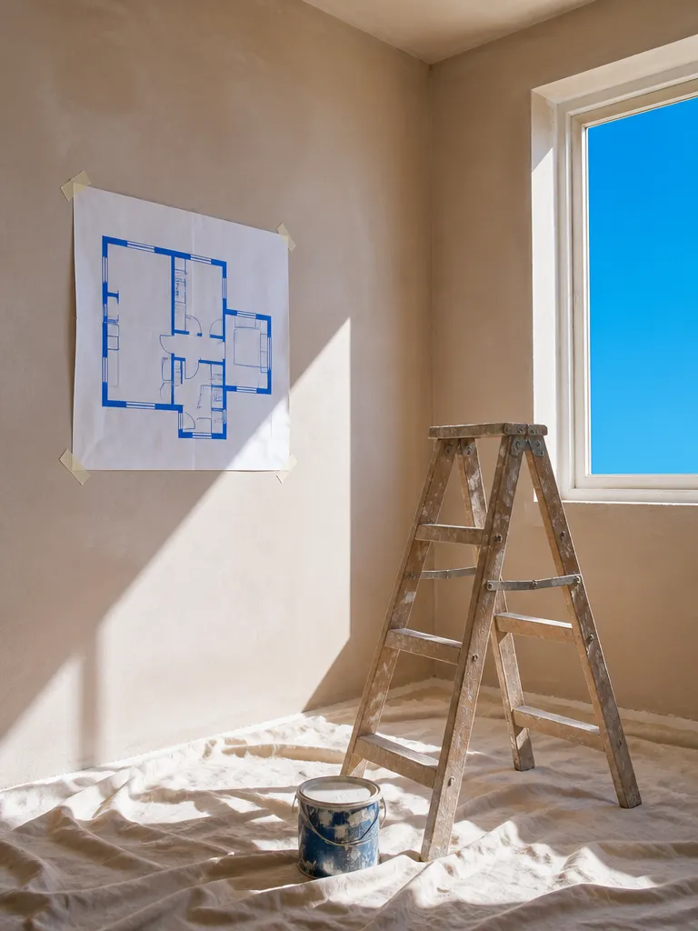 A floor plan taped to the wall of a room being renovated
