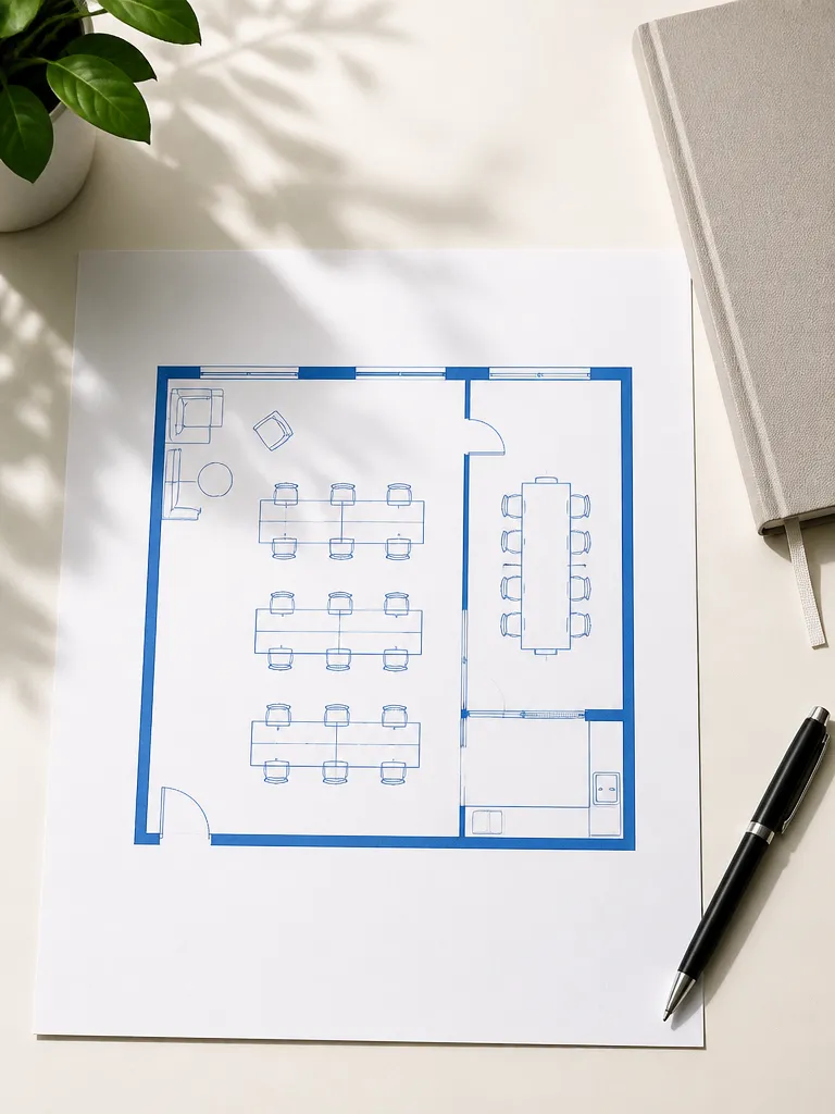 A floor plan of a small office with desks