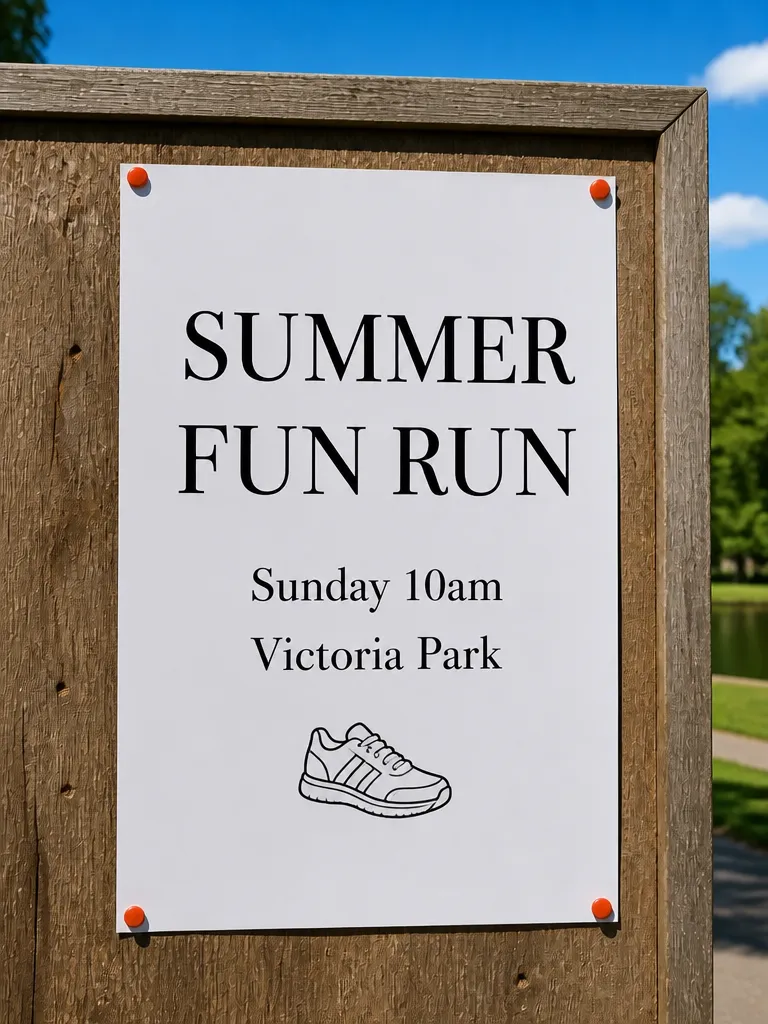 A plain typed flyer for a fun run on a noticeboard