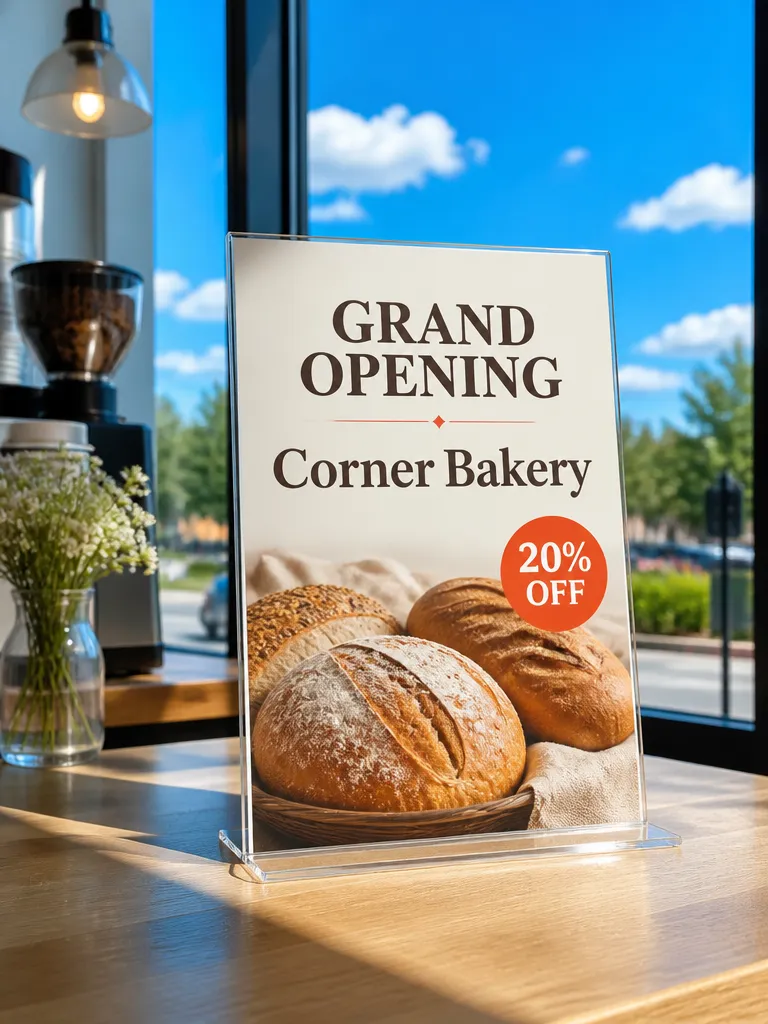A bakery opening flyer on a café counter