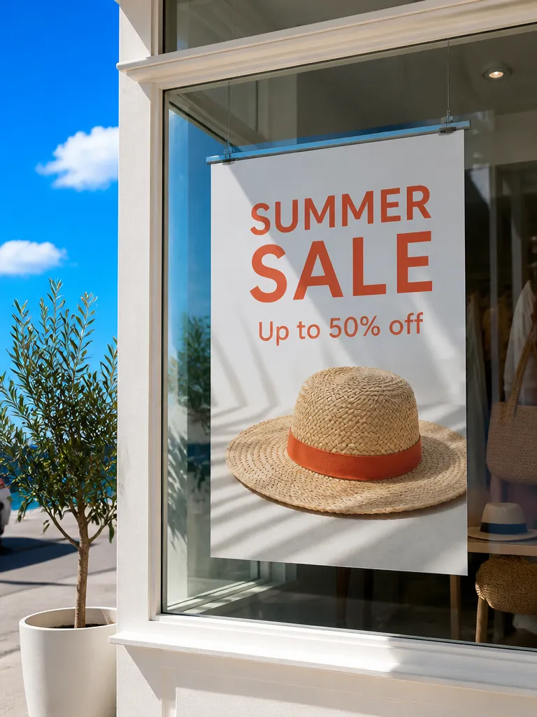 A summer sale poster in a shop window