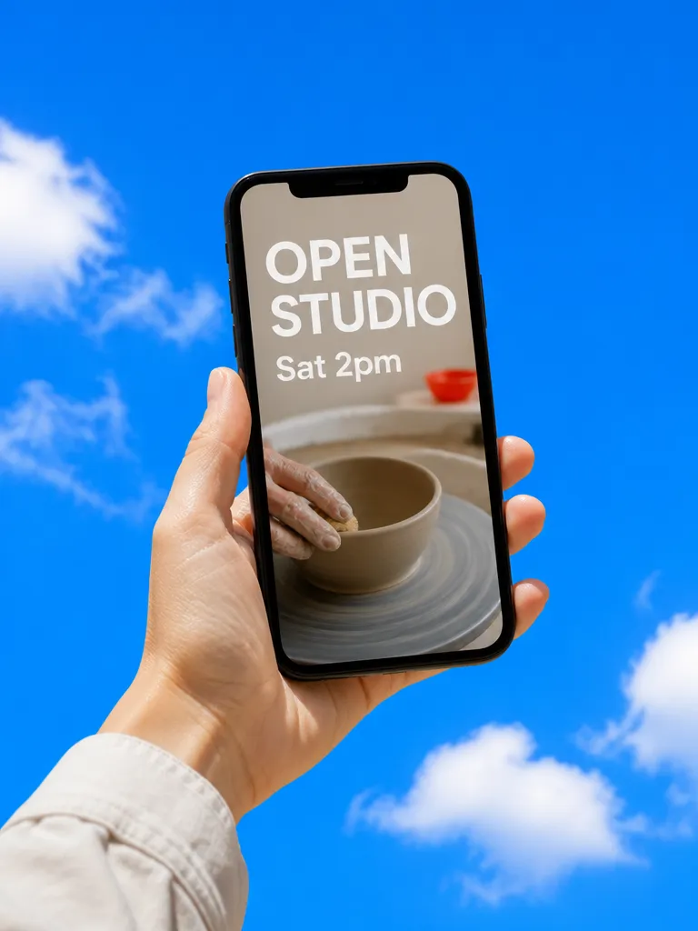 An open studio flyer as a story on a phone