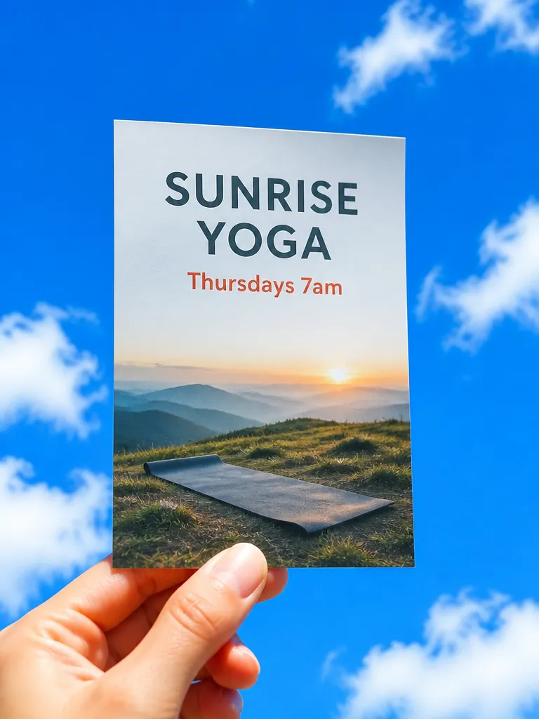 A sunrise yoga handbill held against the sky
