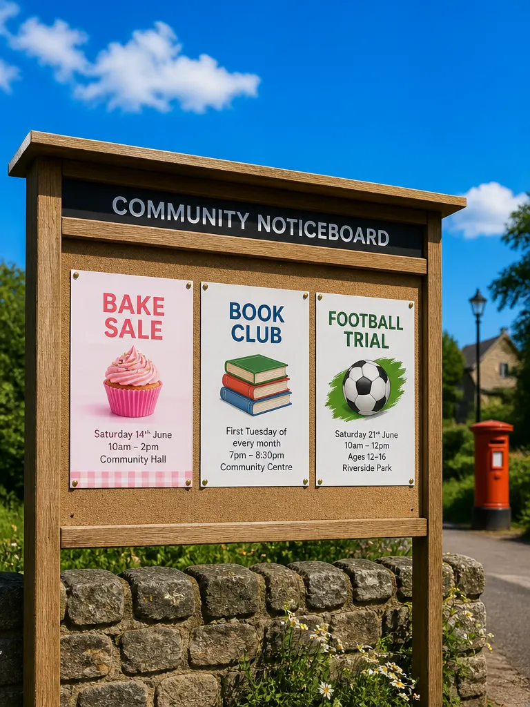 Three flyers pinned to a community noticeboard