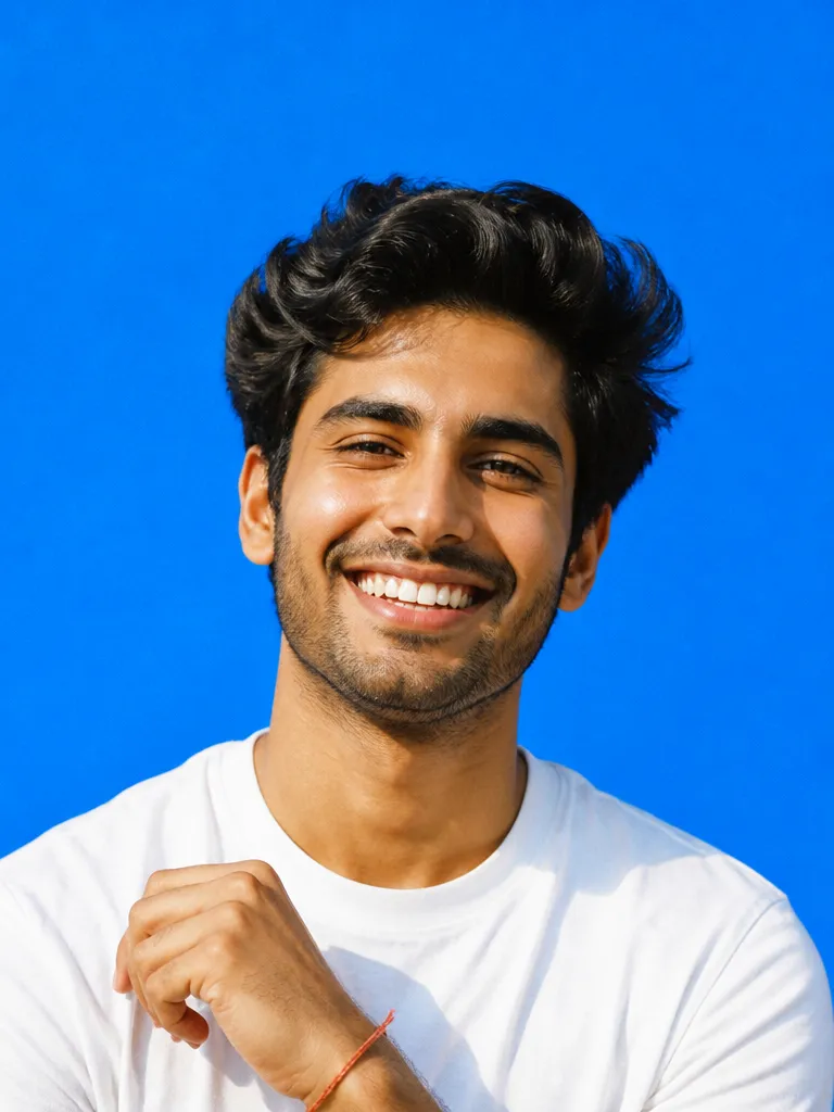 Headshot on a bright blue brand backdrop