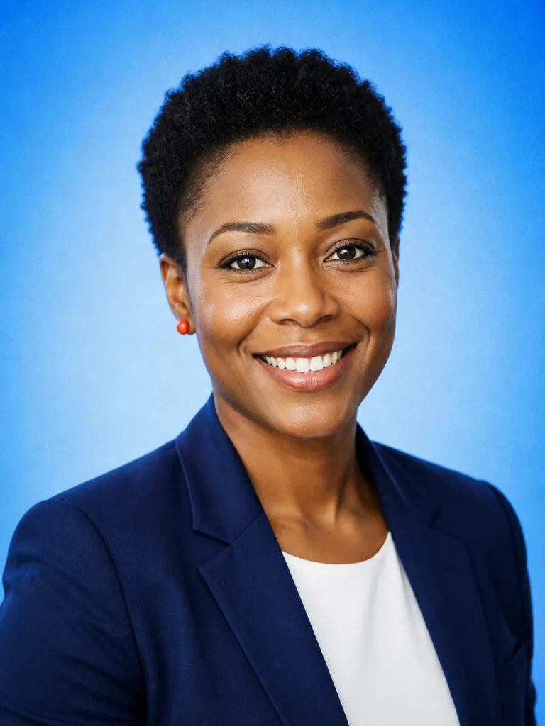Corporate headshot in a navy blazer on a pale blue backdrop
