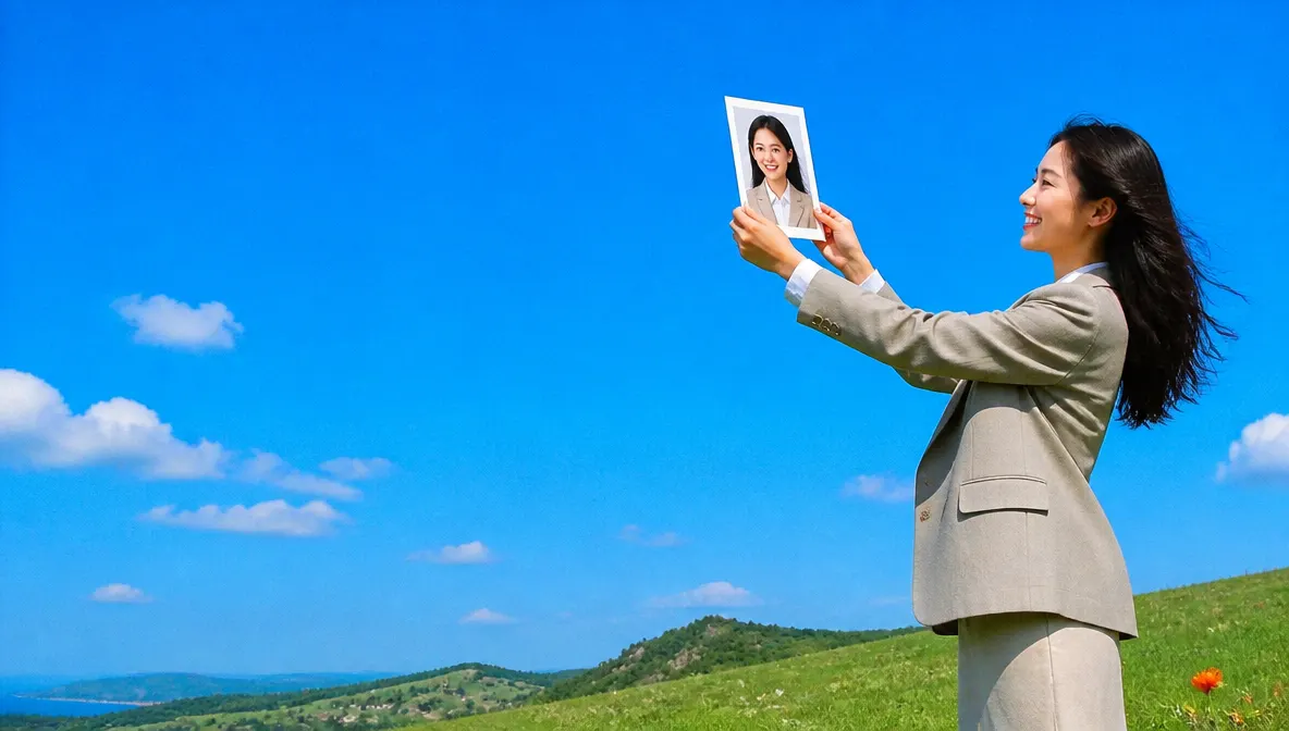 A graduate on a hilltop holding up a print of her new headshot