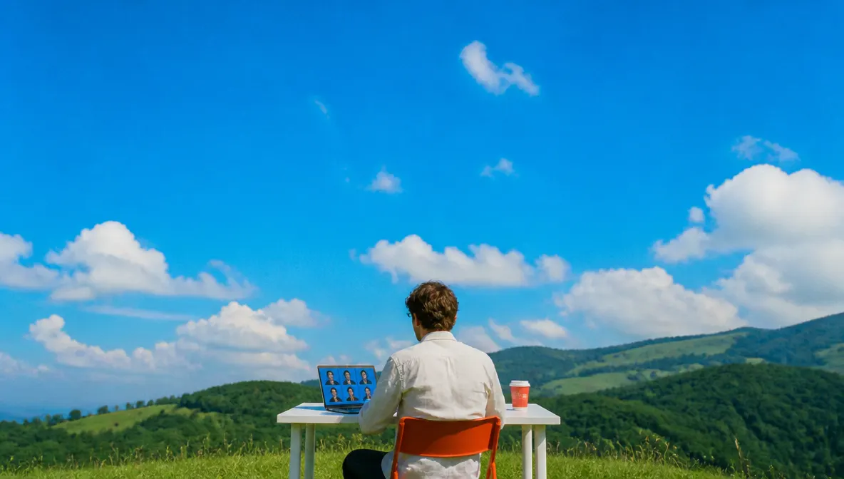 A founder at a table on a hillside, a grid of team headshots on his laptop