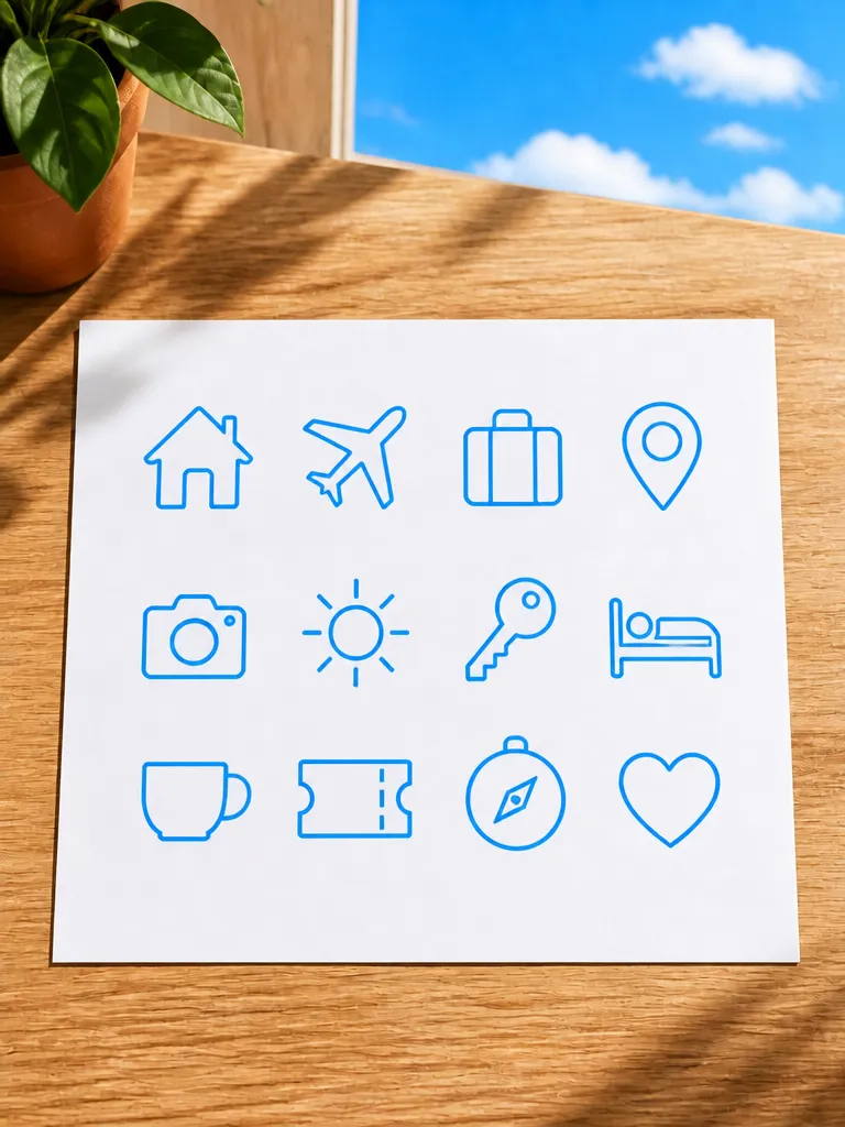 Twelve travel icons drawn as outlines
