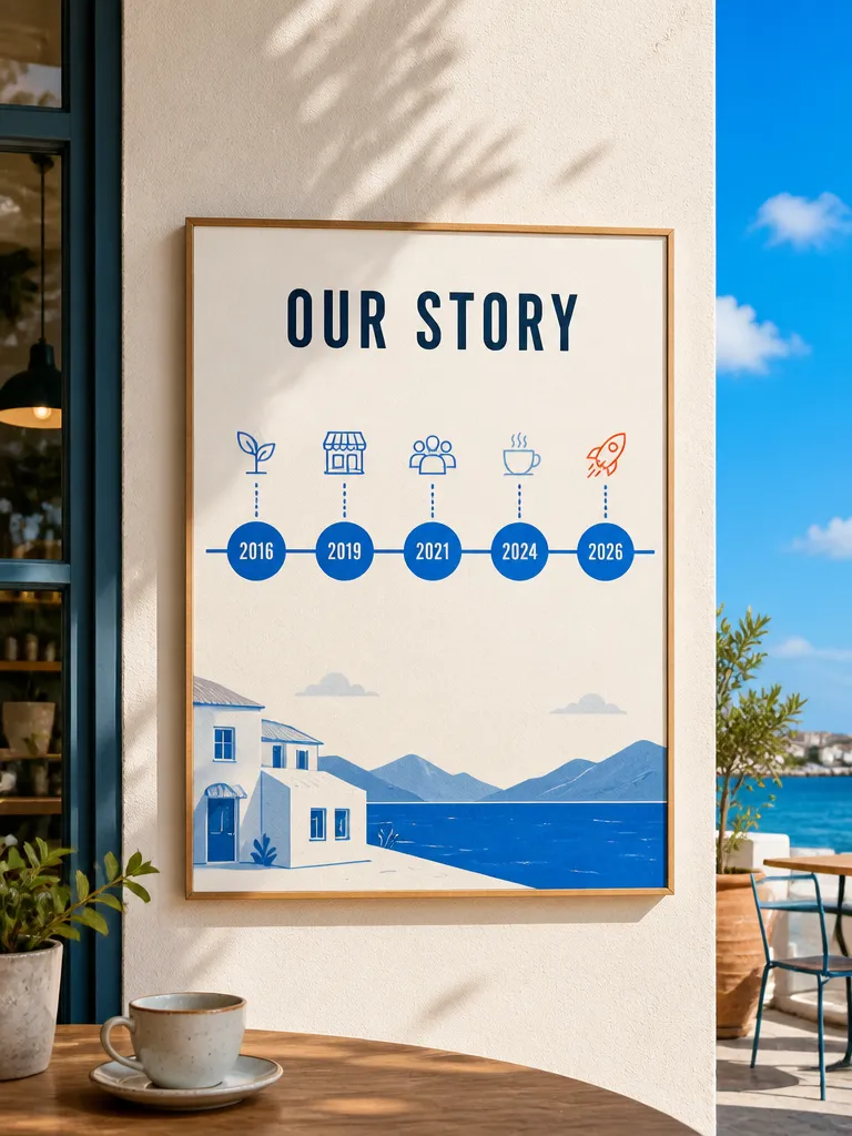 A company timeline infographic on a café wall