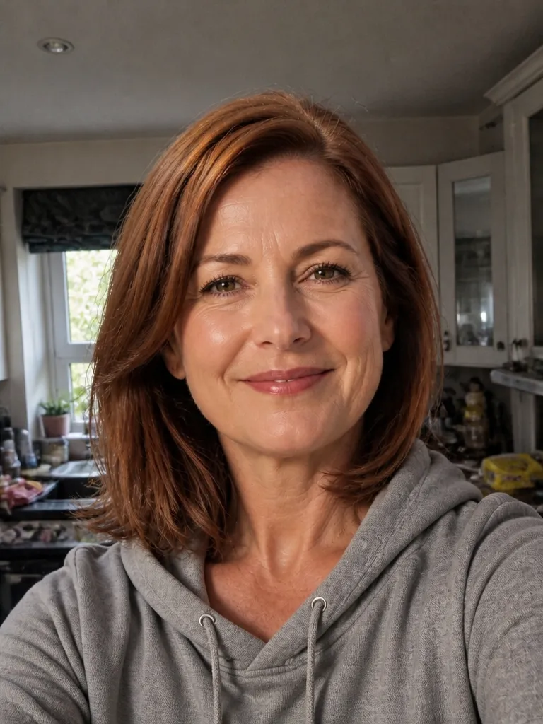 A casual kitchen selfie of a woman in a hoodie