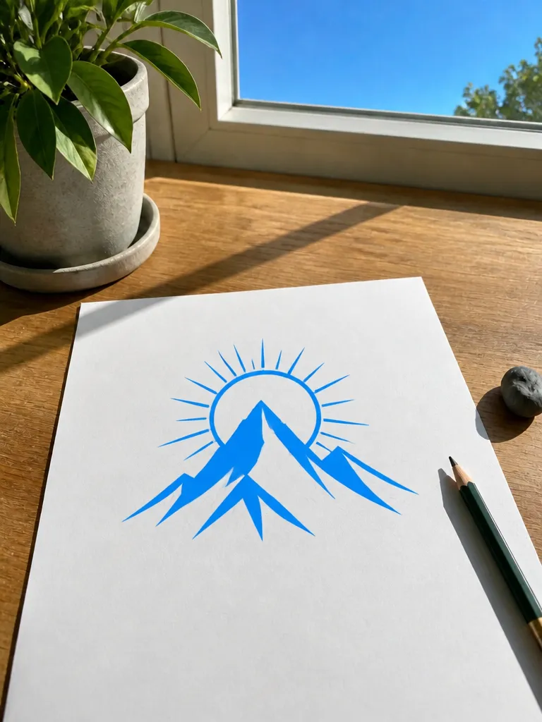 The same mountain and sun as a clean blue vector logo