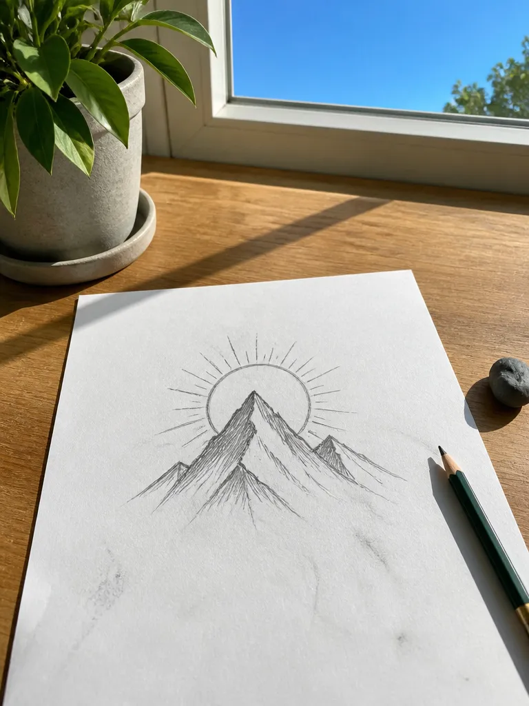 A rough pencil sketch of a mountain and sun