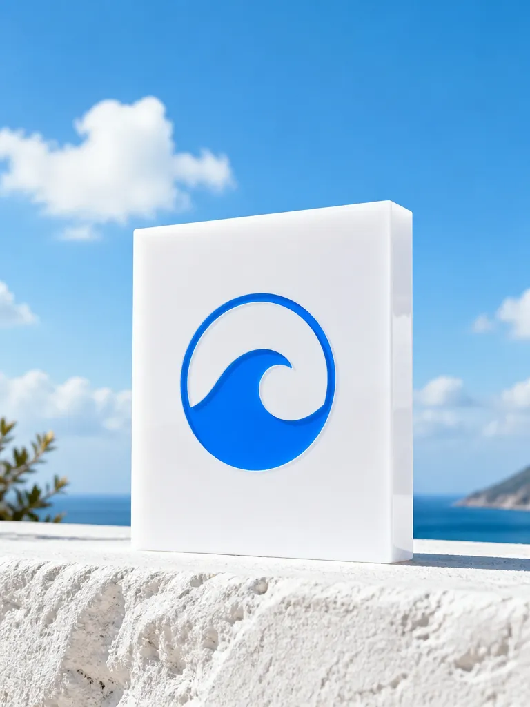 A wave-in-a-circle logo on a white acrylic block