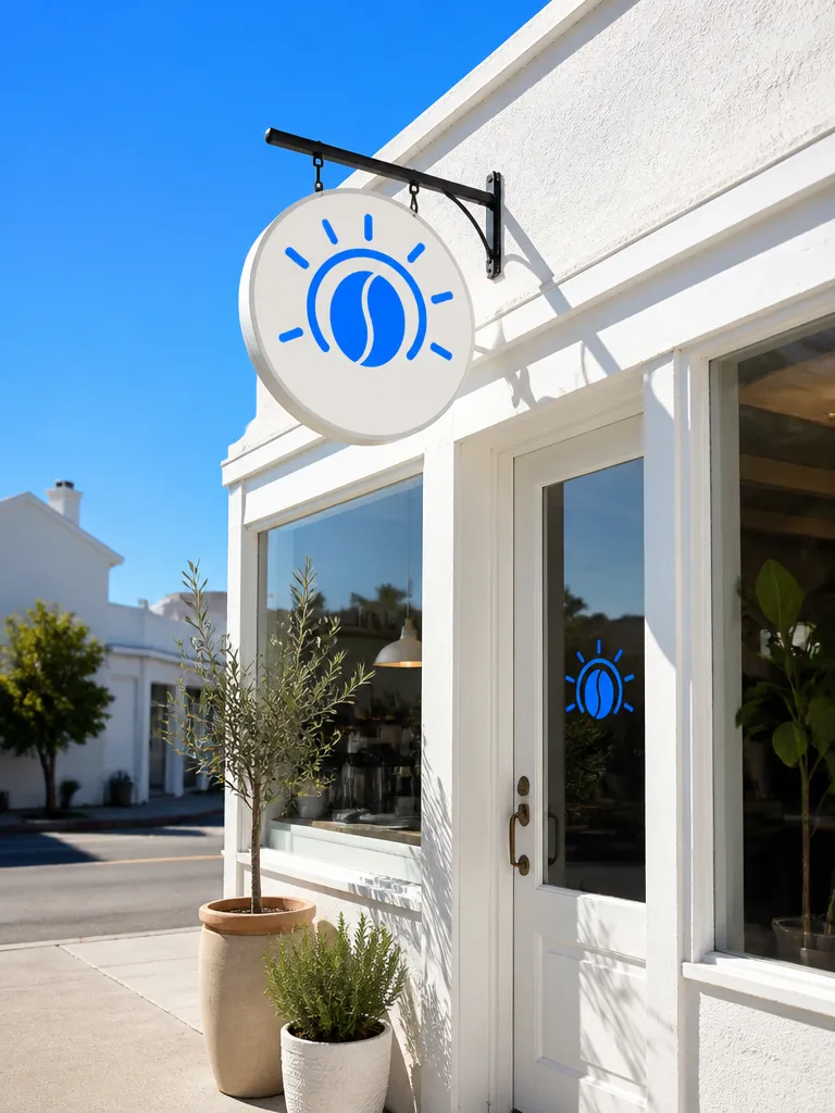 A coffee shop's round hanging sign with its sun and bean logo